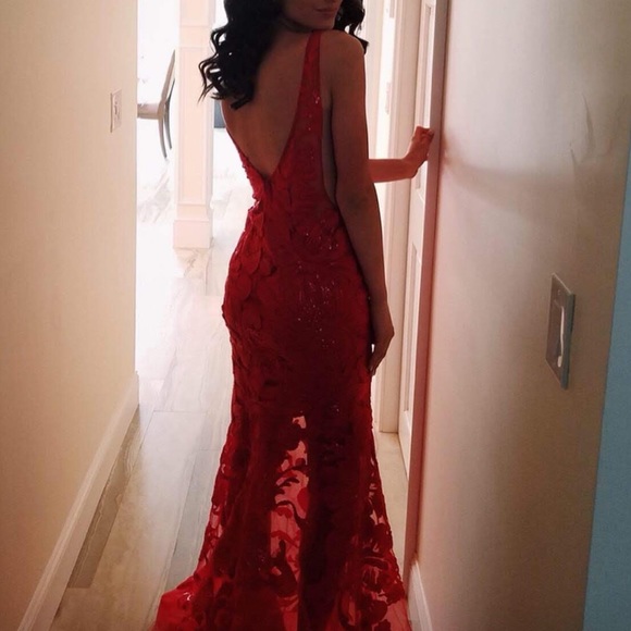 Red Jovani Lace Long Prom Dress - Picture 2 of 8
